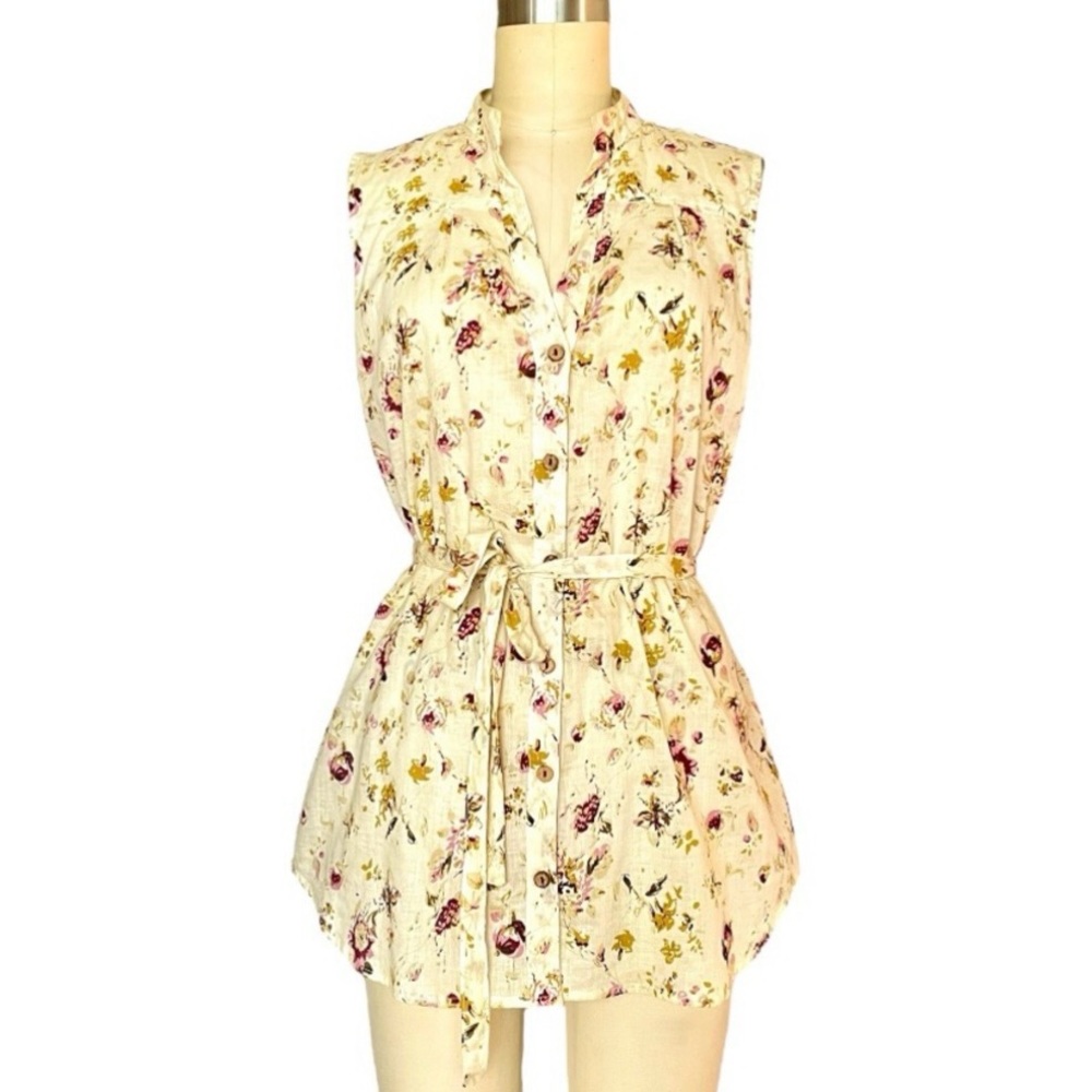 NWT Long Cotton sleeveless button up top belted medium ivory floral